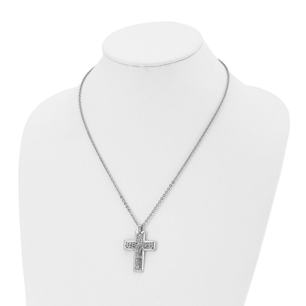 Chisel Stainless Steel Polished and Textured Crucifix Pendant on a 20 inch Cable Chain Necklace