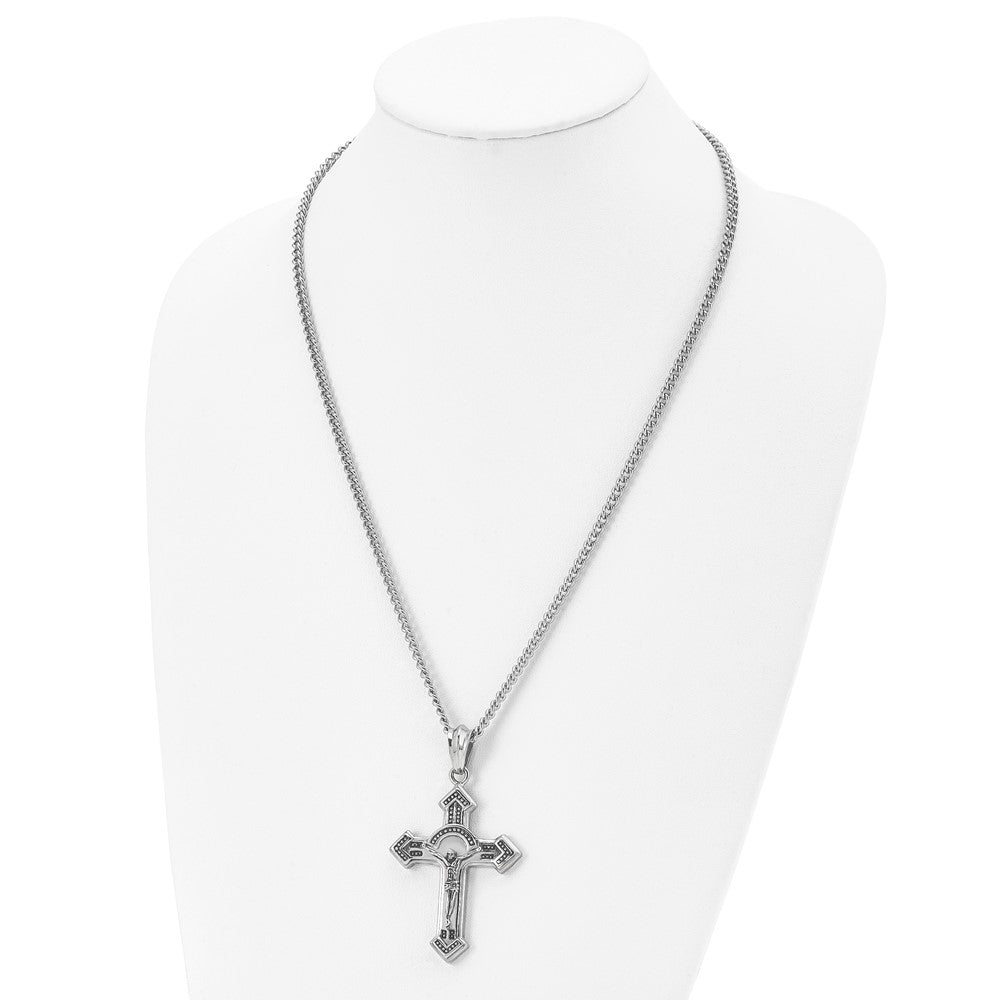 Chisel Stainless Steel Antiqued and Polished Crucifix Pendant on a 24 inch Curb Chain Necklace