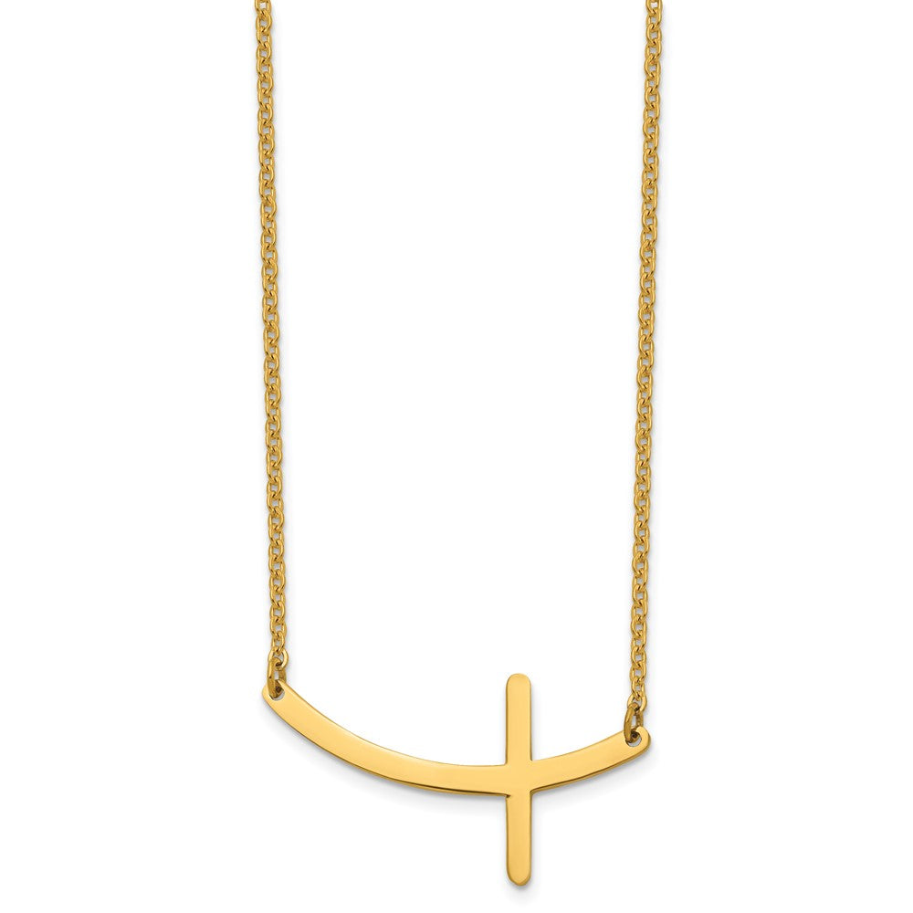 Chisel Stainless Steel Polished Yellow IP-plated Curved Sideways Cross on an 18 inch Cable Chain Necklace