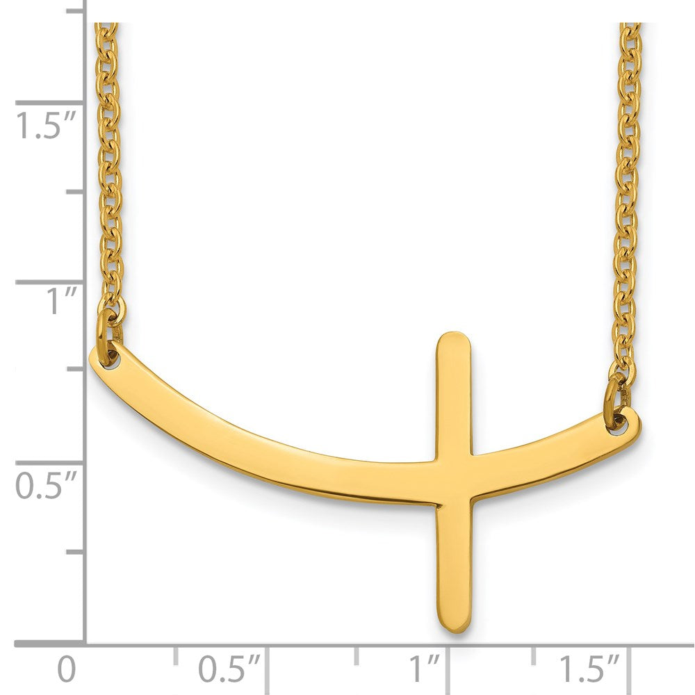 Chisel Stainless Steel Polished Yellow IP-plated Curved Sideways Cross on an 18 inch Cable Chain Necklace