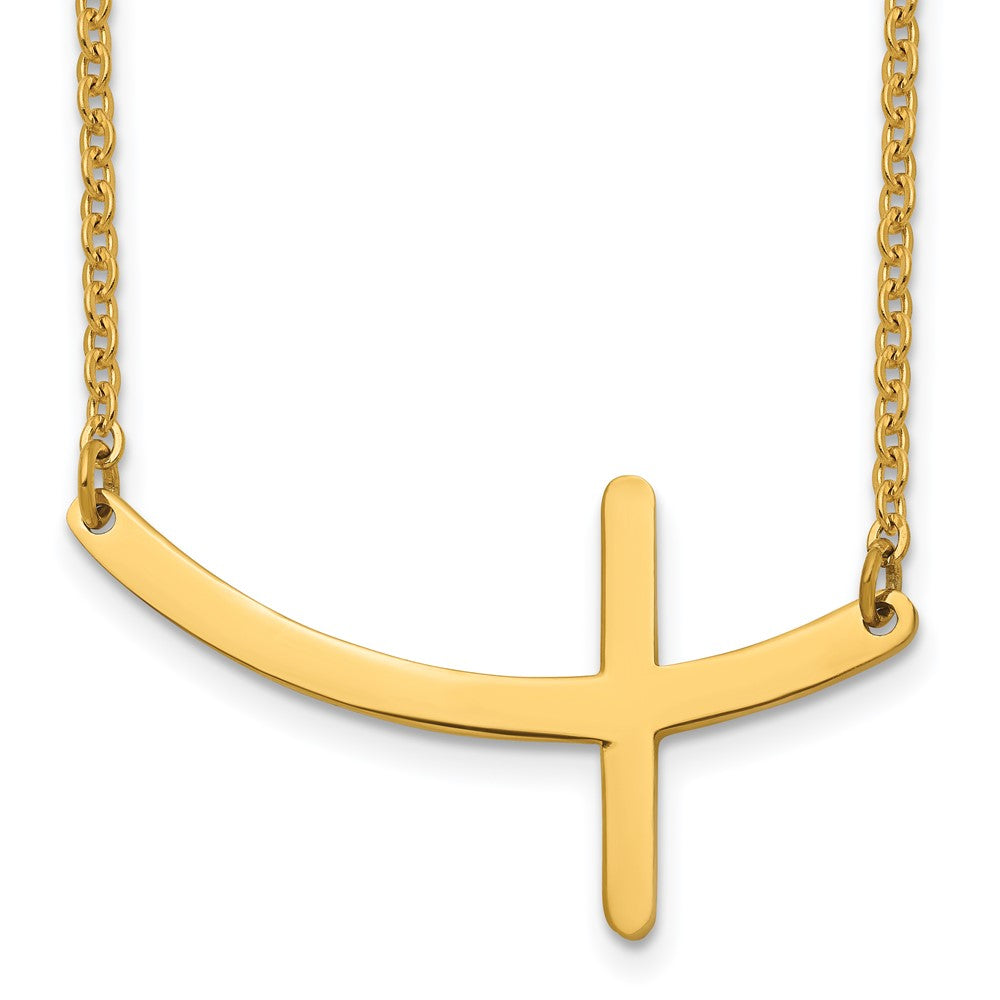 Chisel Stainless Steel Polished Yellow IP-plated Curved Sideways Cross on an 18 inch Cable Chain Necklace