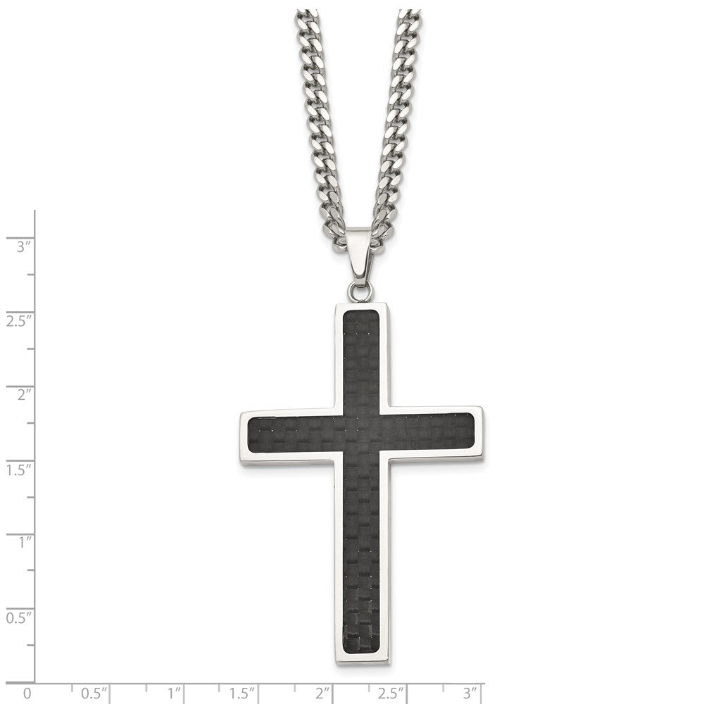 Chisel Stainless Steel Polished with Black Carbon Fiber Inlay Cross Pendant on a 24 inch Curb Chain Necklace