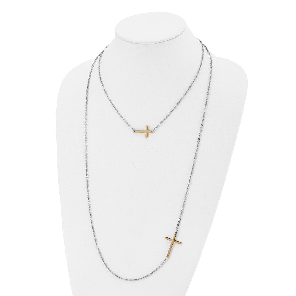 Stainless Steel Double Sideways Cross Layered 18in Necklace