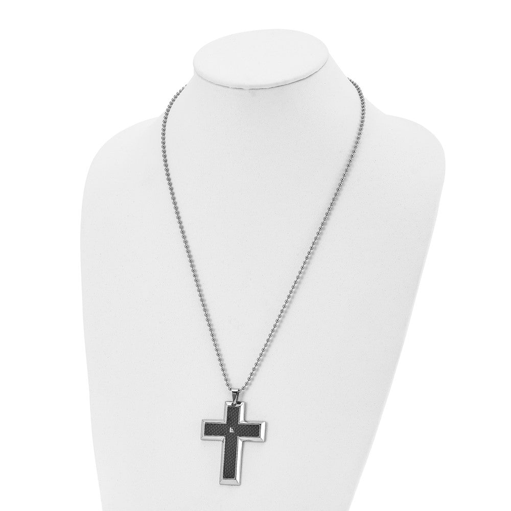 Chisel Stainless Steel Polished with Black Carbon Fiber Inlay .0.1 Carat Diamond Cross Pendant on a 24 inch Ball Chain Nec...