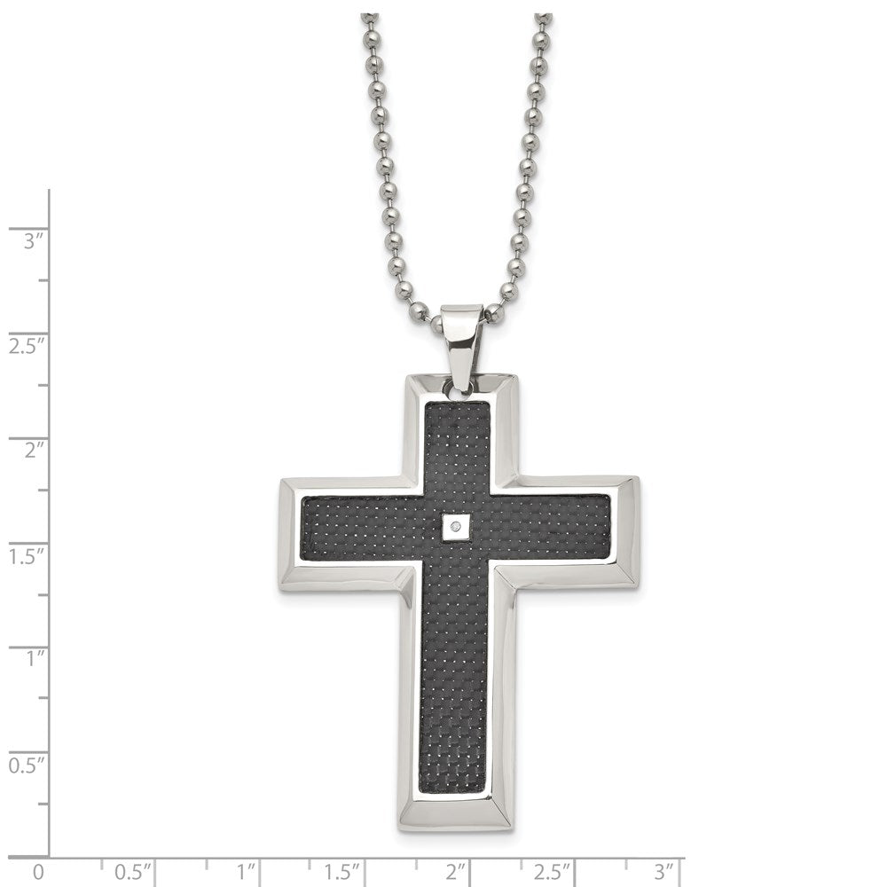 Chisel Stainless Steel Polished with Black Carbon Fiber Inlay .0.1 Carat Diamond Cross Pendant on a 24 inch Ball Chain Nec...