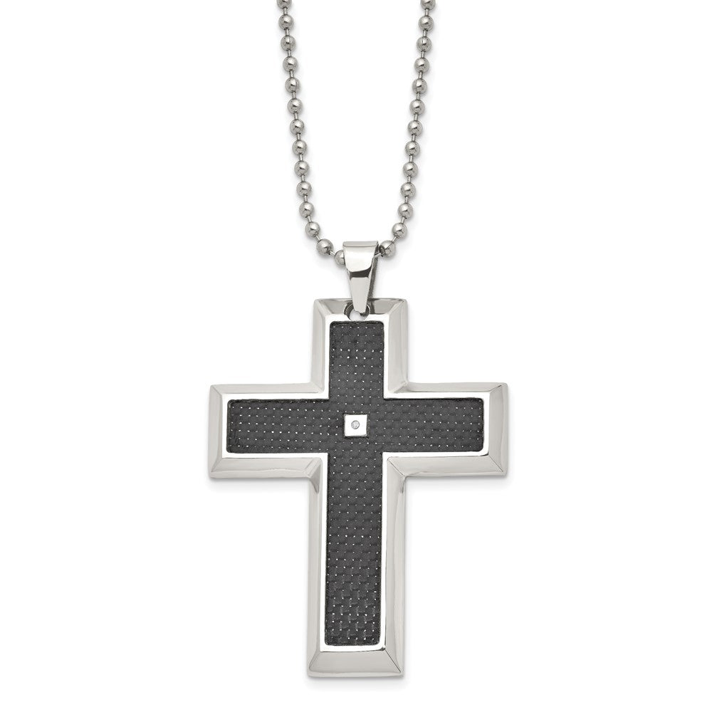 Chisel Stainless Steel Polished with Black Carbon Fiber Inlay .0.1 Carat Diamond Cross Pendant on a 24 inch Ball Chain Nec...