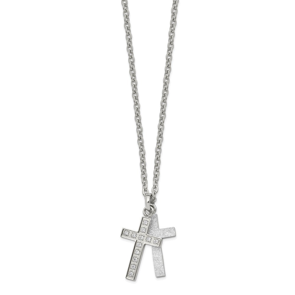 Stainless Steel Polished Laser Cut CZ 2 Piece Cross 20in Necklace