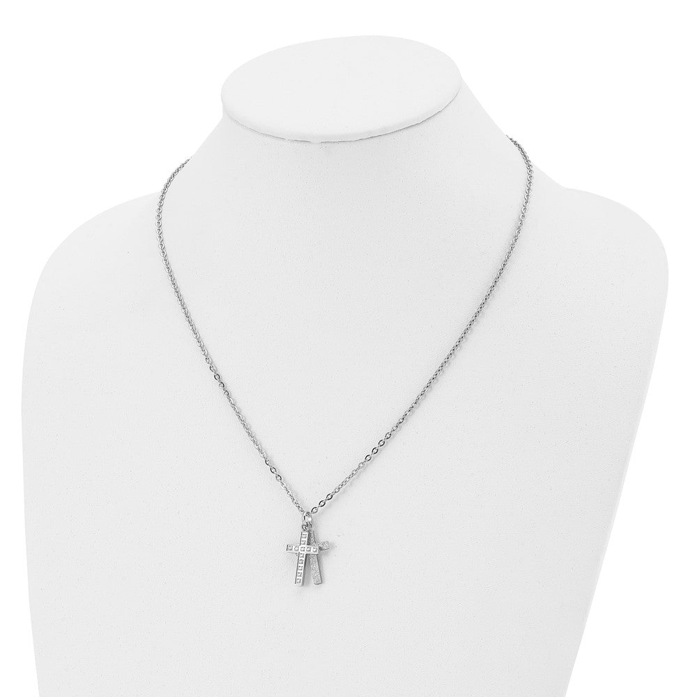 Stainless Steel Polished Laser Cut CZ 2 Piece Cross 20in Necklace