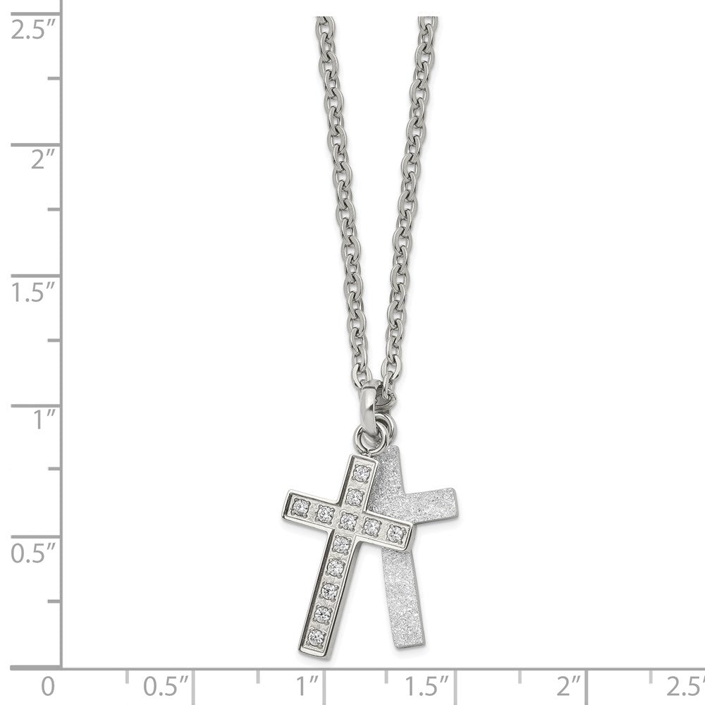 Stainless Steel Polished Laser Cut CZ 2 Piece Cross 20in Necklace