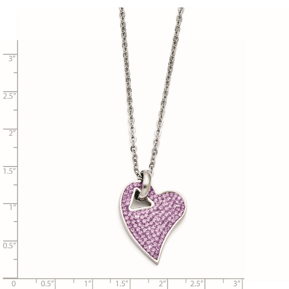 Stainless Steel Polished Light Purple Crystal Heart Pendant Necklace