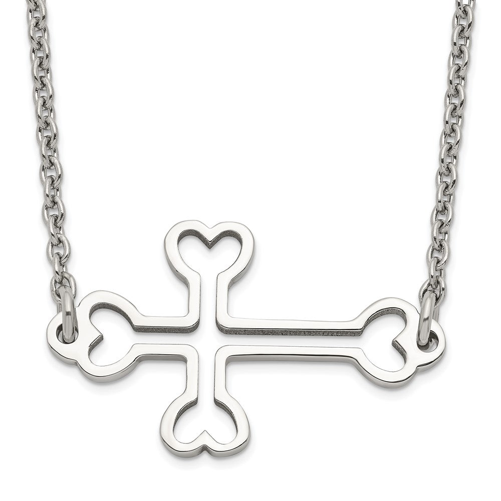 Stainless Steel Polished Sideways Cut out Cross Necklace