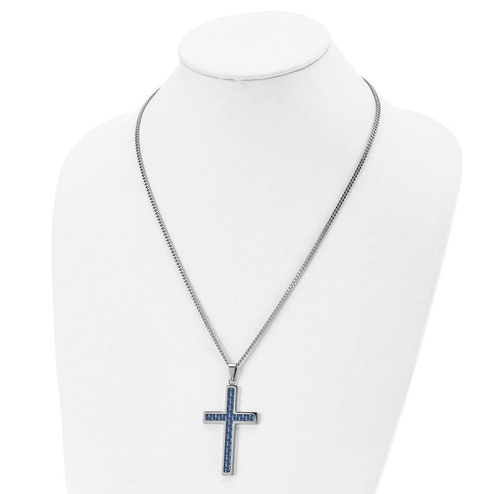 Chisel Stainless Steel Polished with Blue Carbon Fiber Inlay Cross Pendant on a 22 inch Curb Chain Necklace