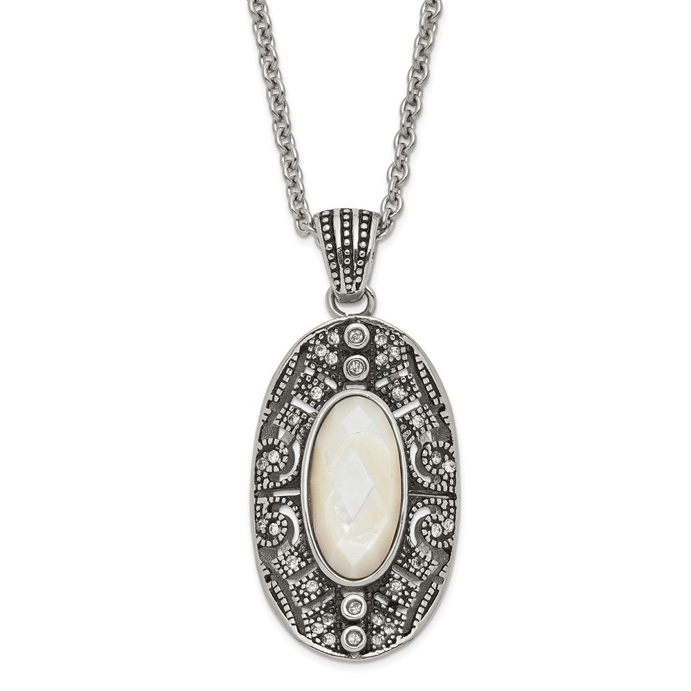 Stainless Steel Antiqued Mother of Pearl and Crystal Necklace