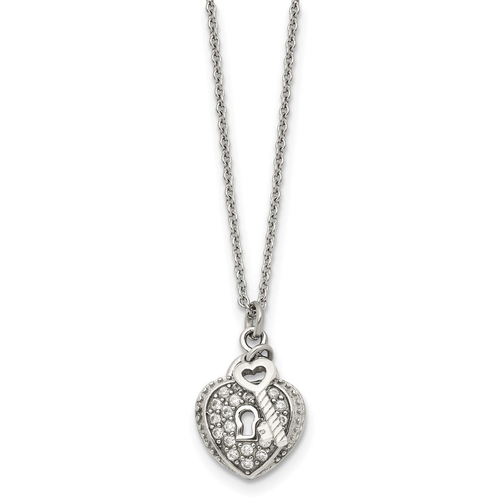 Chisel Stainless Steel Polished CZ Heart Lock and Key 2-Piece Moveable Pendant on an 18 inch Cable Chain Necklace