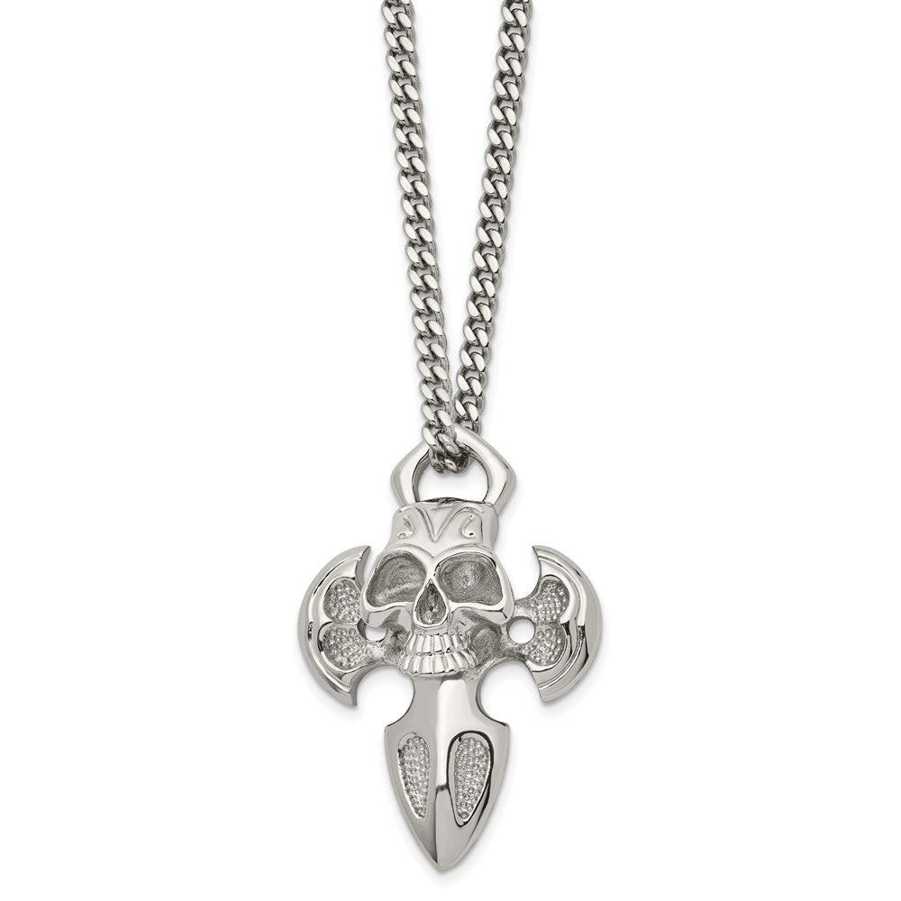 Chisel Stainless Steel Polished Cross with Skull Pendant on a 24 inch Curb Chain Necklace