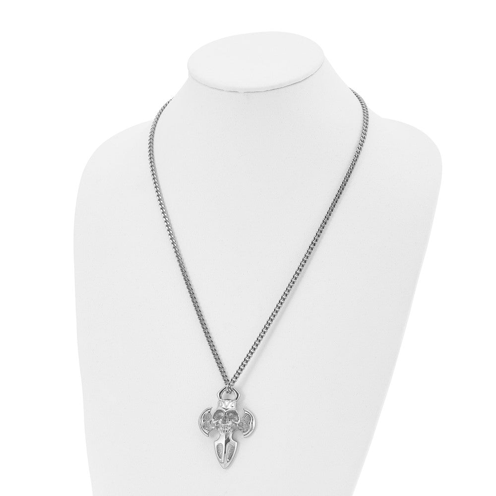 Chisel Stainless Steel Polished Cross with Skull Pendant on a 24 inch Curb Chain Necklace