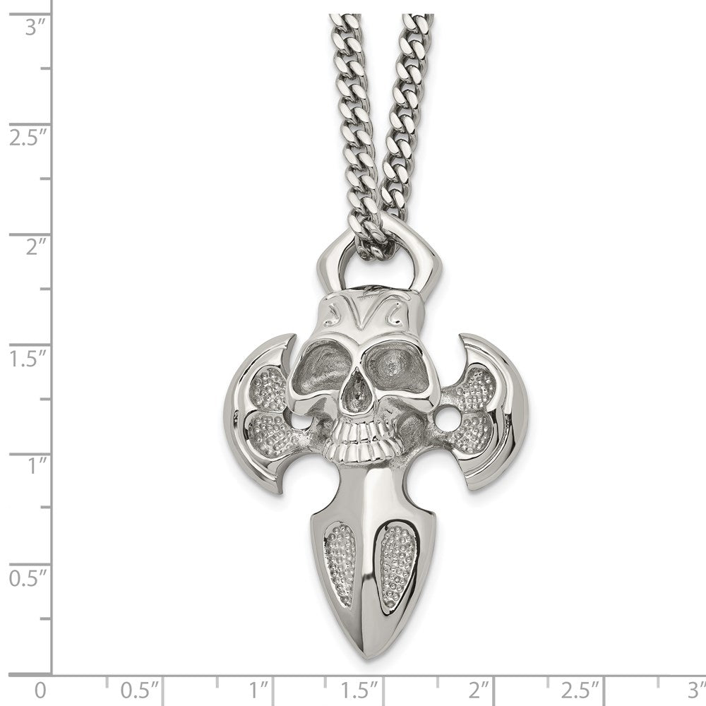 Chisel Stainless Steel Polished Cross with Skull Pendant on a 24 inch Curb Chain Necklace