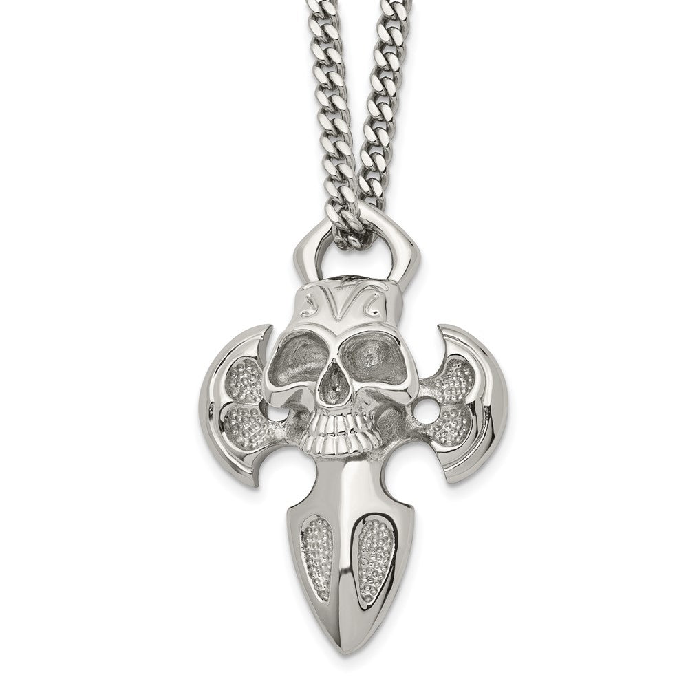 Chisel Stainless Steel Polished Cross with Skull Pendant on a 24 inch Curb Chain Necklace