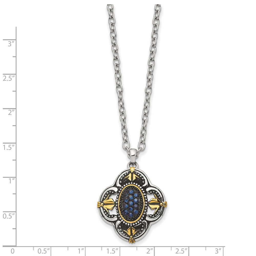 Stainless Steel Antiqued & Polished Yellow IP w/Blue Glass 18in Necklace