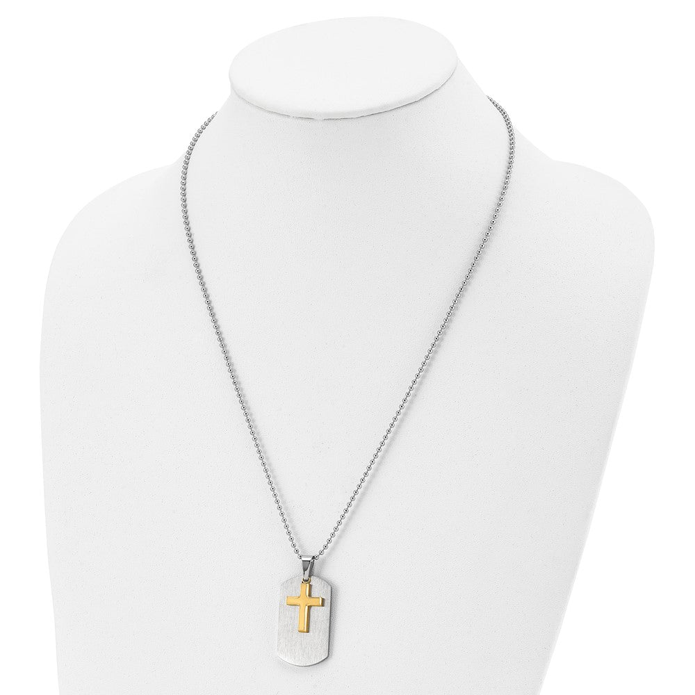 Chisel Stainless Steel Brushed and Polished Yellow IP-plated 2 Piece Cross Dog Tag on a 22 inch Ball Chain Necklace