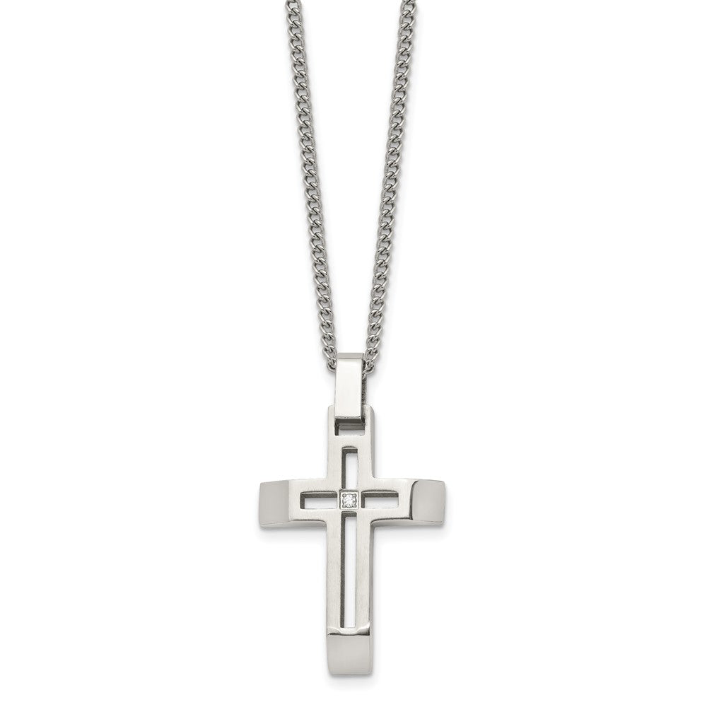 Chisel Stainless Steel Brushed and Polished with CZ Open Cross Pendant on a 22 inch Cable Chain Necklace