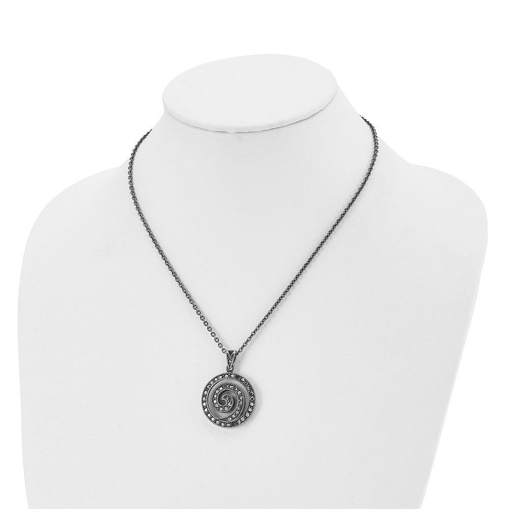 Chisel Stainless Steel Antiqued and Polished Marcasite Swirl Pendant on an 18 inch Cable Chain Necklace