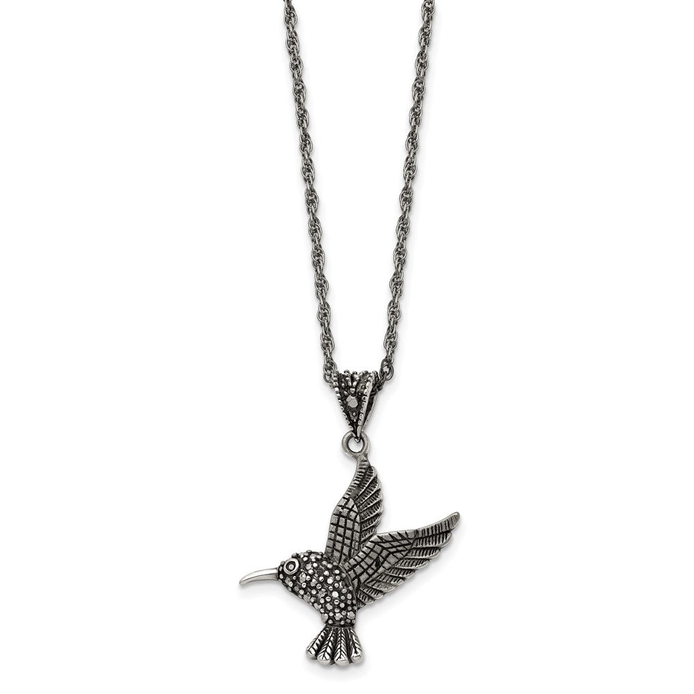 Chisel Stainless Steel Antiqued and Polished with Marcasite Hummingbird Pendant on an 18 inch Singapore Chain Necklace