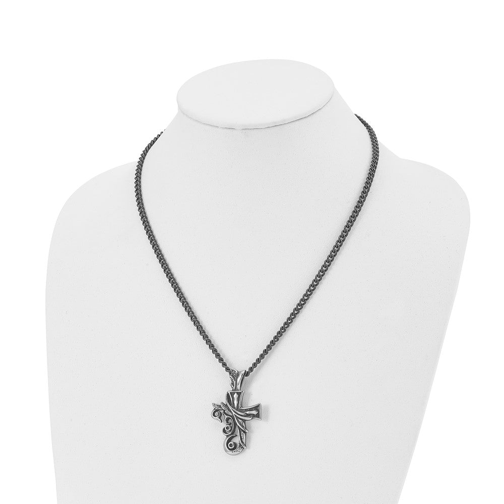 Chisel Stainless Steel Antiqued and Polished Fancy Cross Pendnat on a 20 inch Curb Chain Necklace