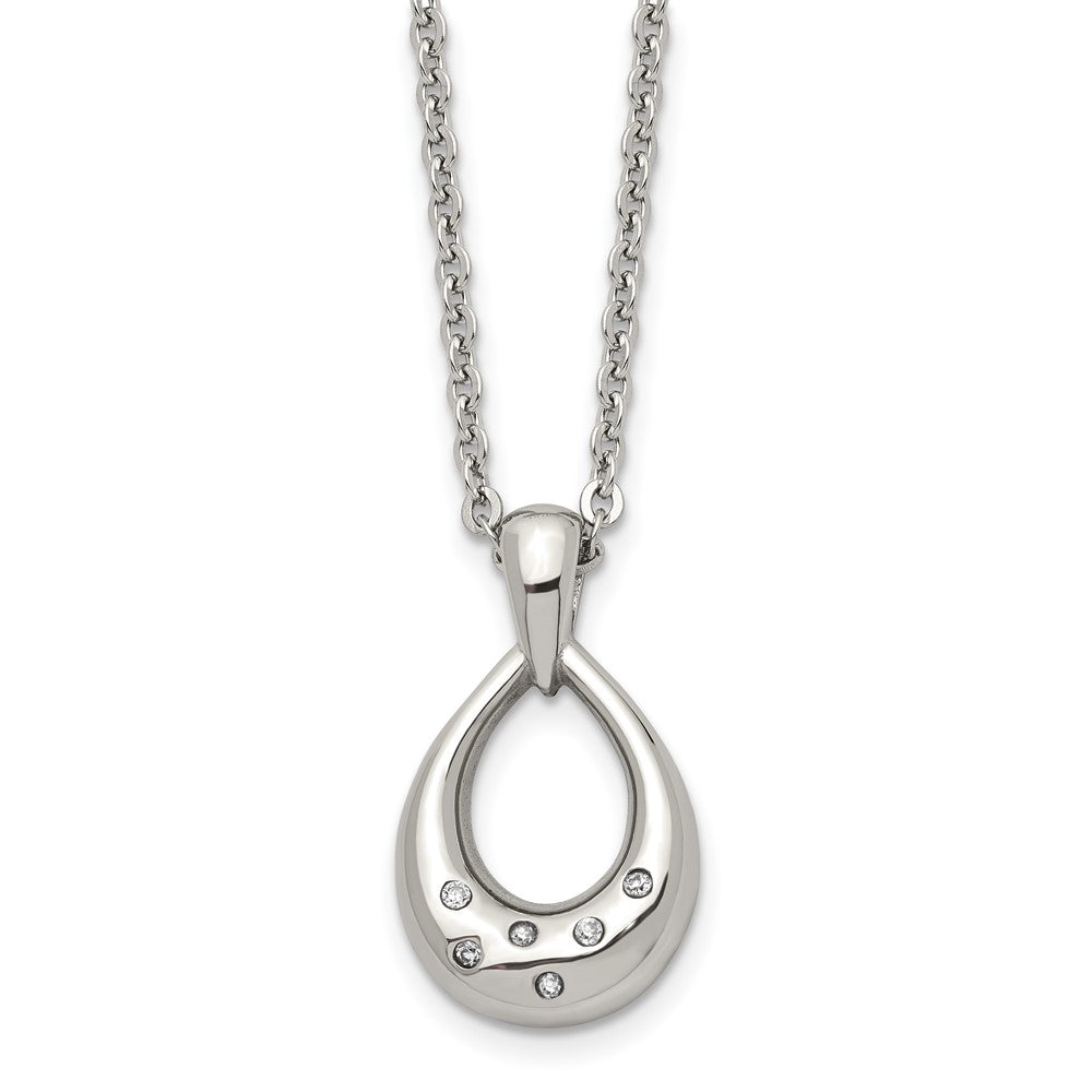 Stainless Steel Polished w/CZ Teardrop 18in Necklace