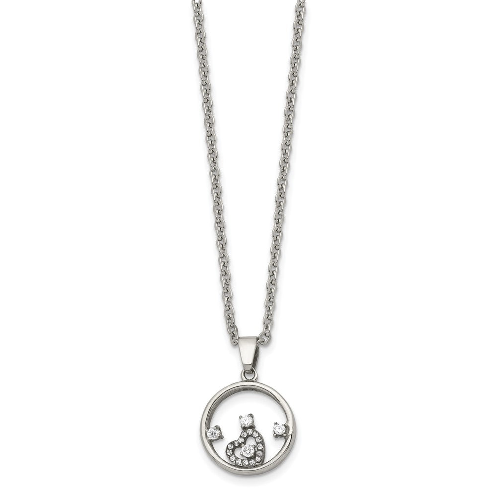 Chisel Stainless Steel Polished Circle with CZ and Heart Pendant on an 18 inch Cable Chain Necklace