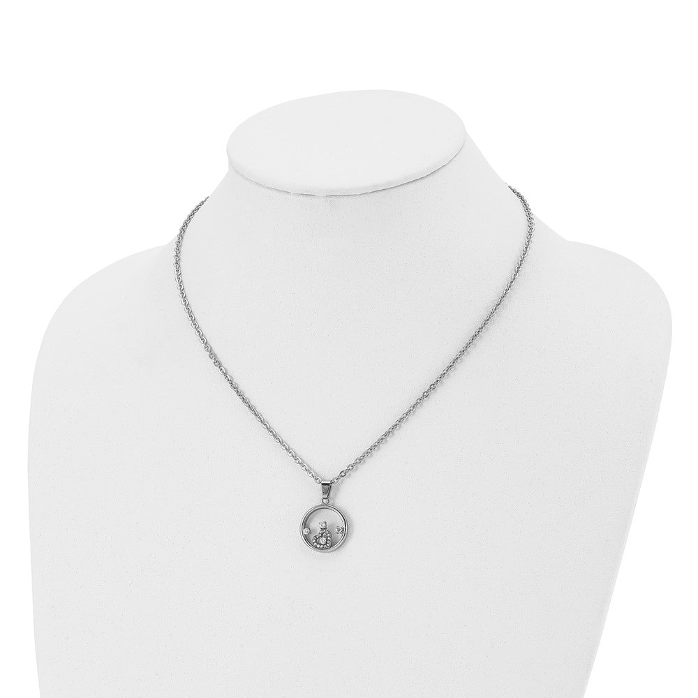 Chisel Stainless Steel Polished Circle with CZ and Heart Pendant on an 18 inch Cable Chain Necklace