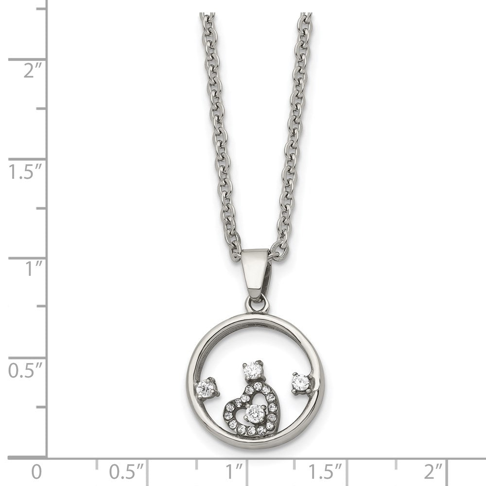 Chisel Stainless Steel Polished Circle with CZ and Heart Pendant on an 18 inch Cable Chain Necklace