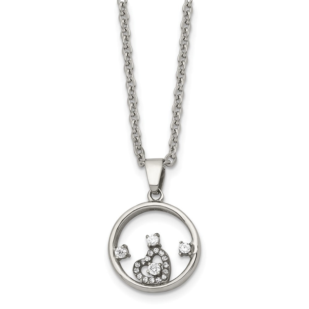 Chisel Stainless Steel Polished Circle with CZ and Heart Pendant on an 18 inch Cable Chain Necklace