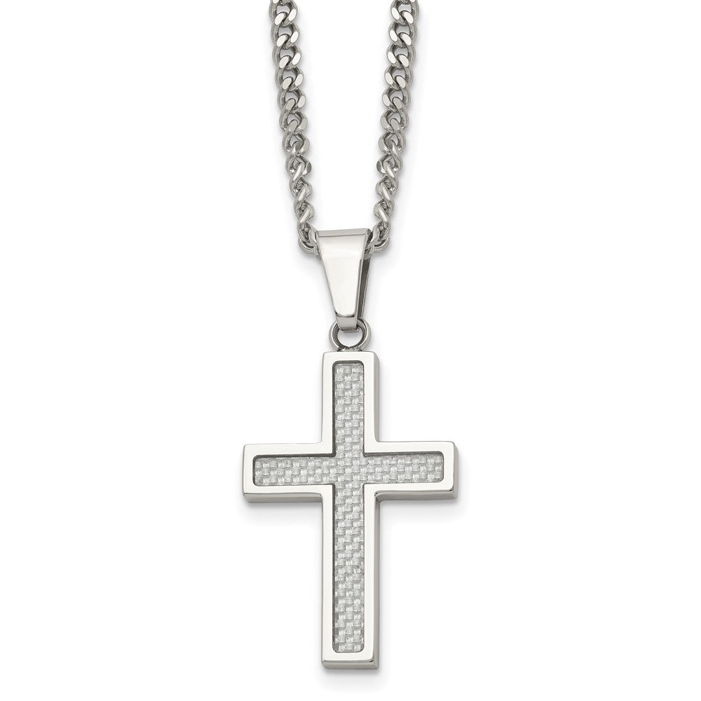 Chisel Stainless Steel Polished with Grey Carbon Fiber Inlay Small Cross Pendant on a 20 inch Curb Chain Necklace