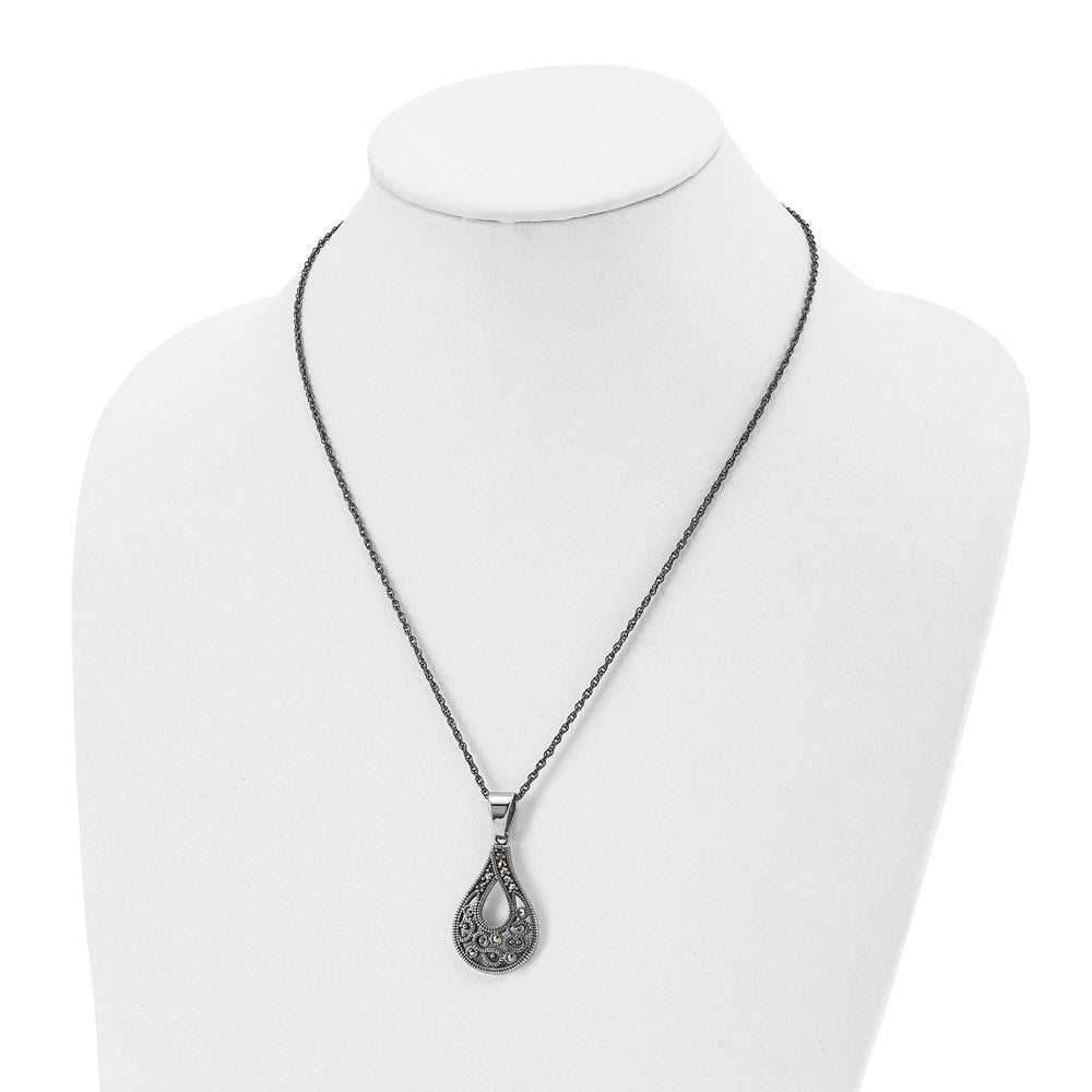 Chisel Stainless Steel Antiqued, Polished and Textured Marcasite Teardrop Pendant on a 20 inch Singapore Chain Necklace