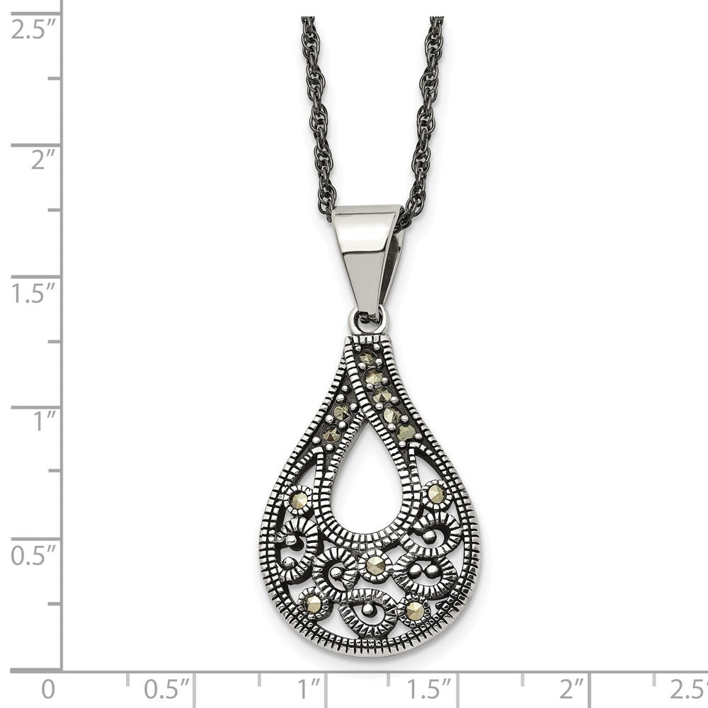 Chisel Stainless Steel Antiqued, Polished and Textured Marcasite Teardrop Pendant on a 20 inch Singapore Chain Necklace