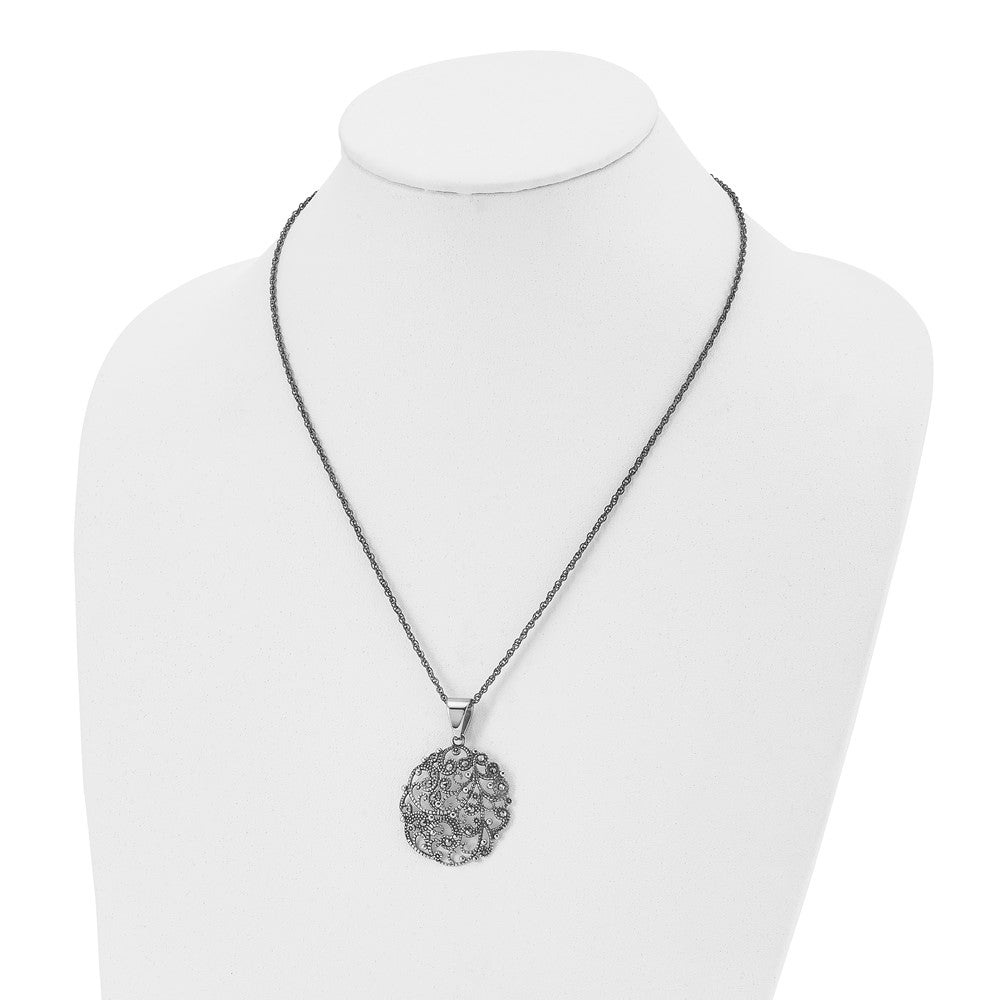 Chisel Stainless Steel Antiqued and Polished Marcasite Circle Pendant on a 20 inch Singapore Chain Necklace