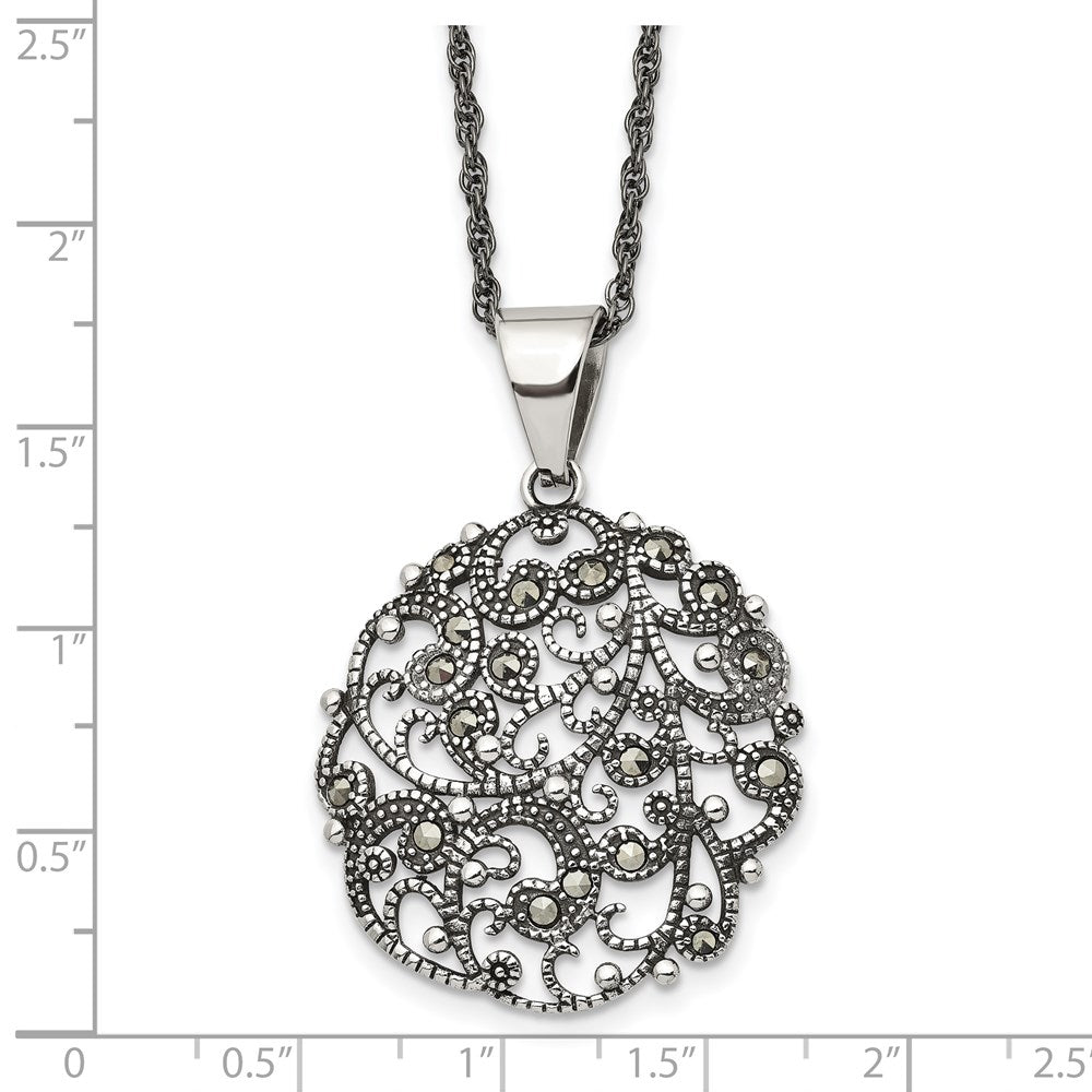 Chisel Stainless Steel Antiqued and Polished Marcasite Circle Pendant on a 20 inch Singapore Chain Necklace