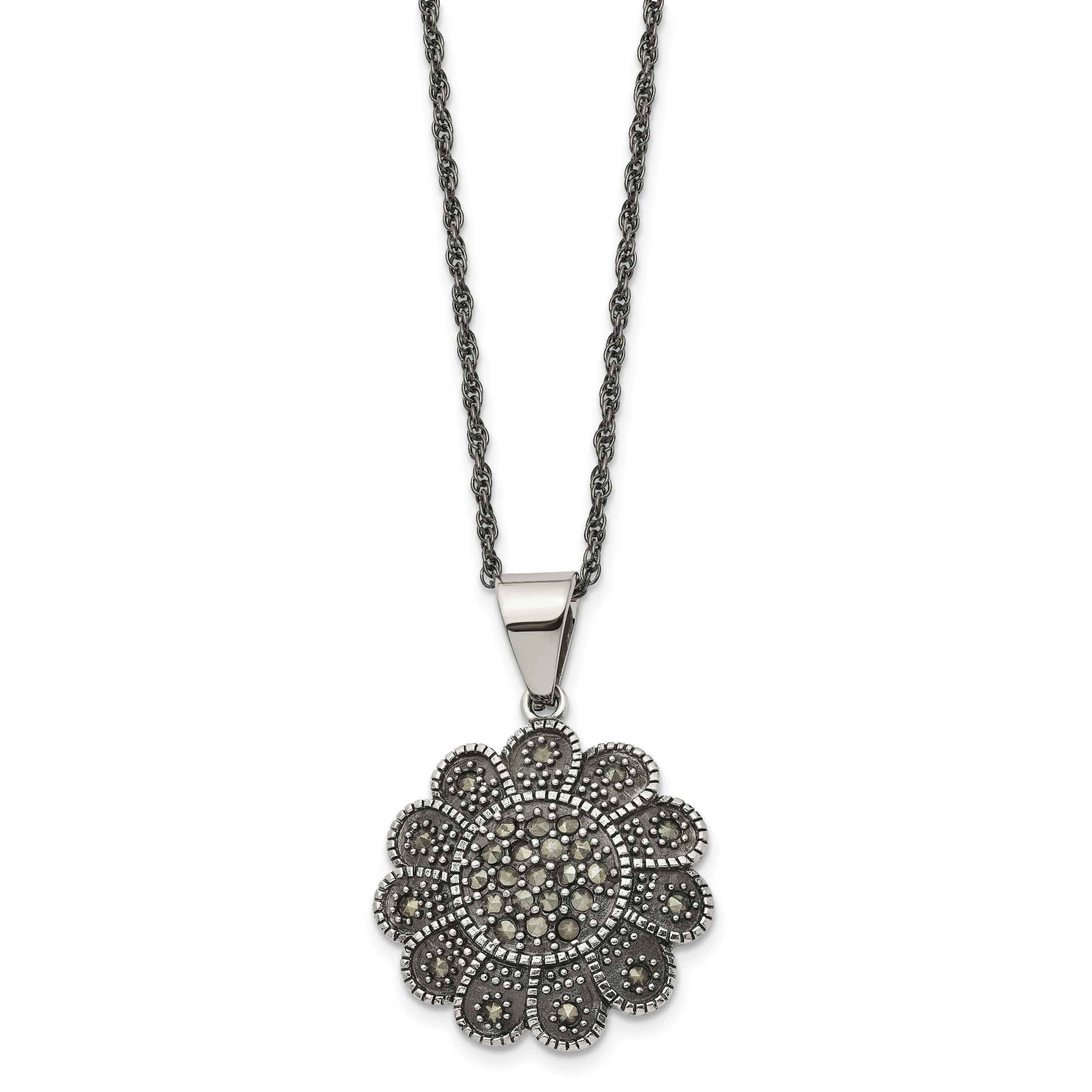 Stainless Steel Textured Flower Marcasite Necklace SRN1433