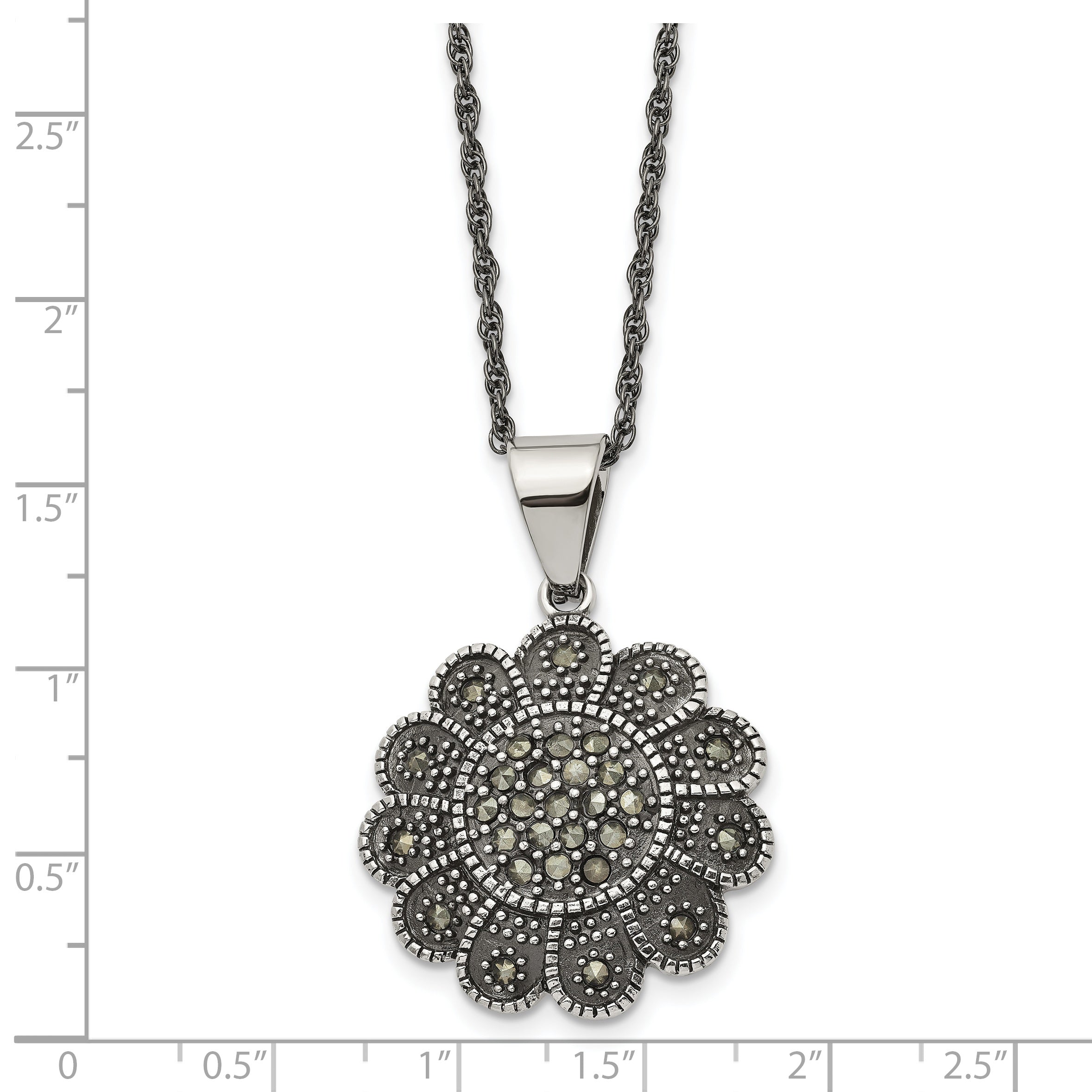 Stainless Steel Textured Flower Marcasite Necklace SRN1433