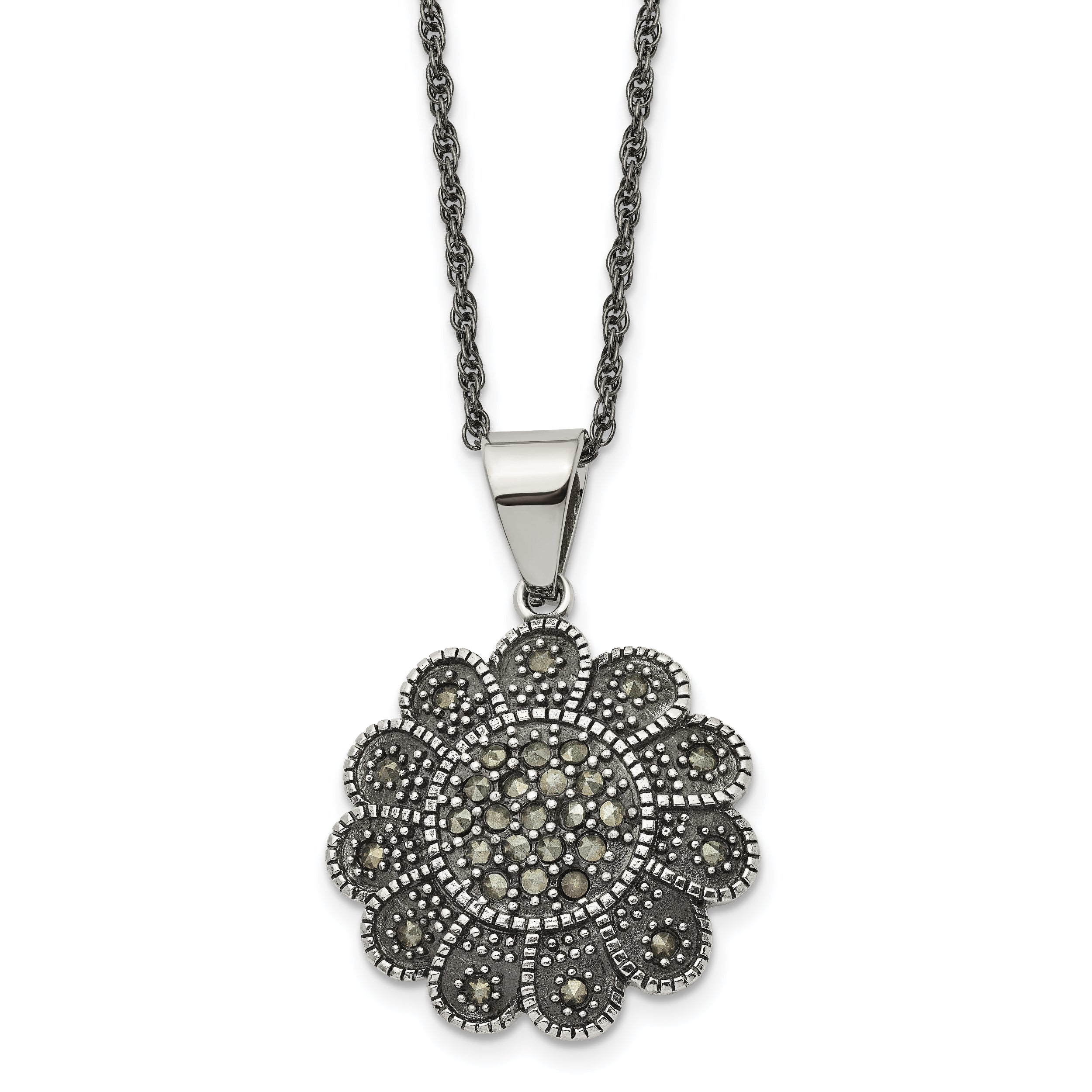 Stainless Steel Textured Flower Marcasite Necklace SRN1433