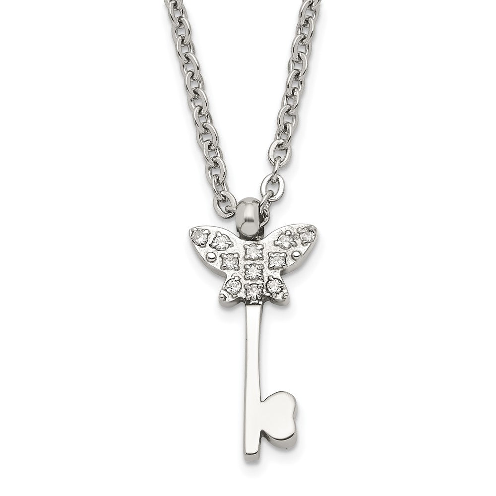 Stainless Steel Polished CZ Butterfly Key with 2 inch ext Necklace