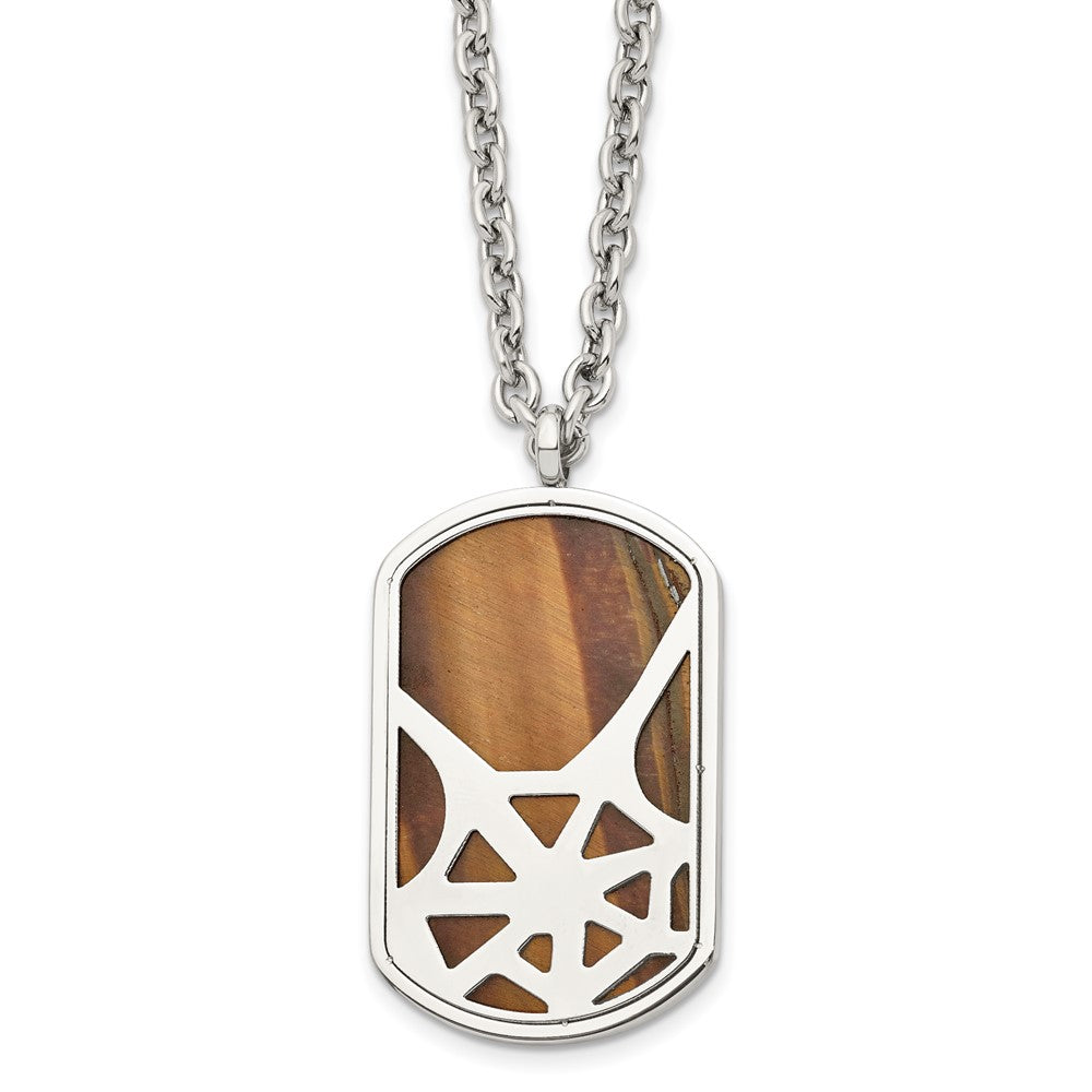 Stainless Steel Polished Tiger's Eye Spider Web Design Dog Tag Necklace