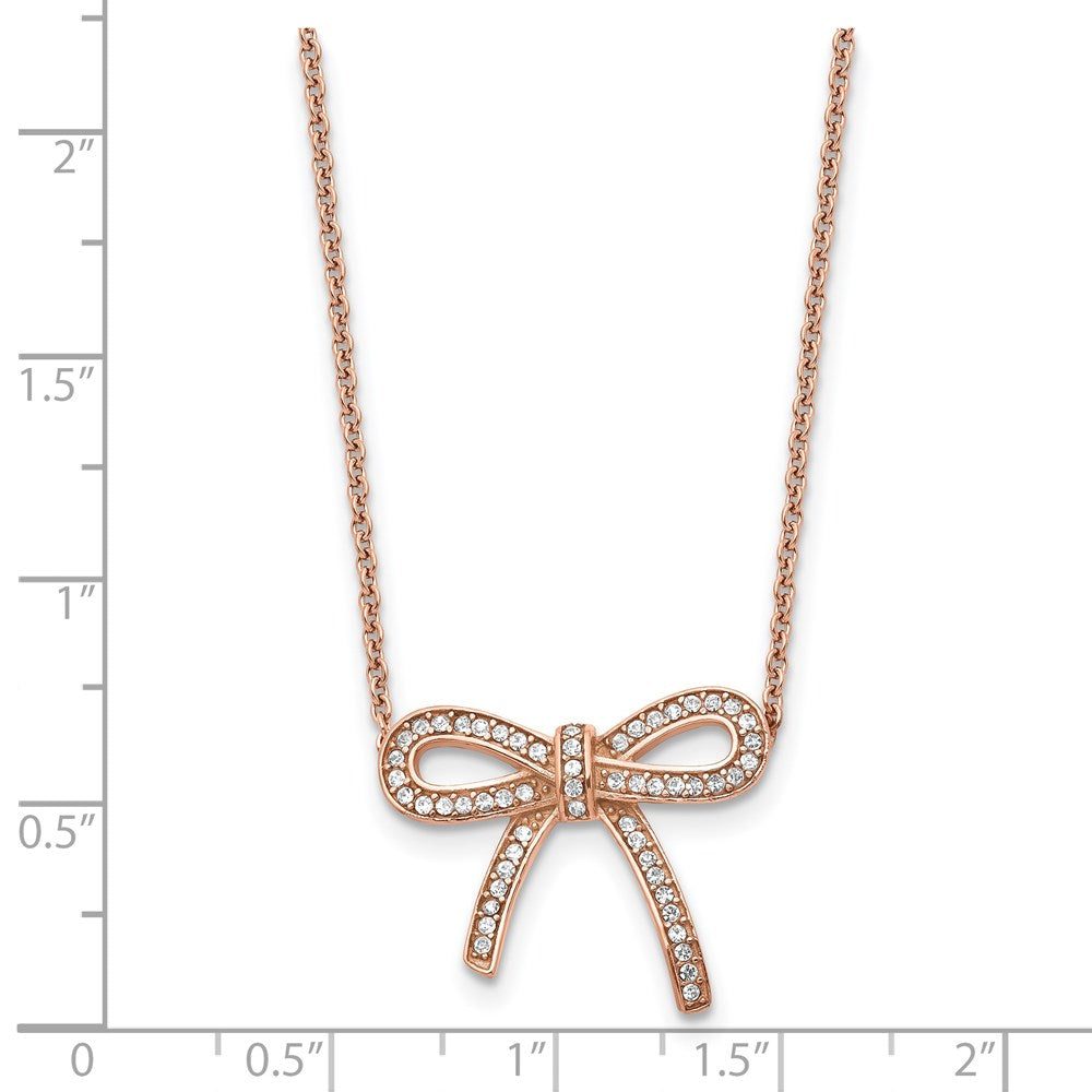 Stainless Steel Polished Rose IP-plated Crystal Bow w/1.75in ext Necklace