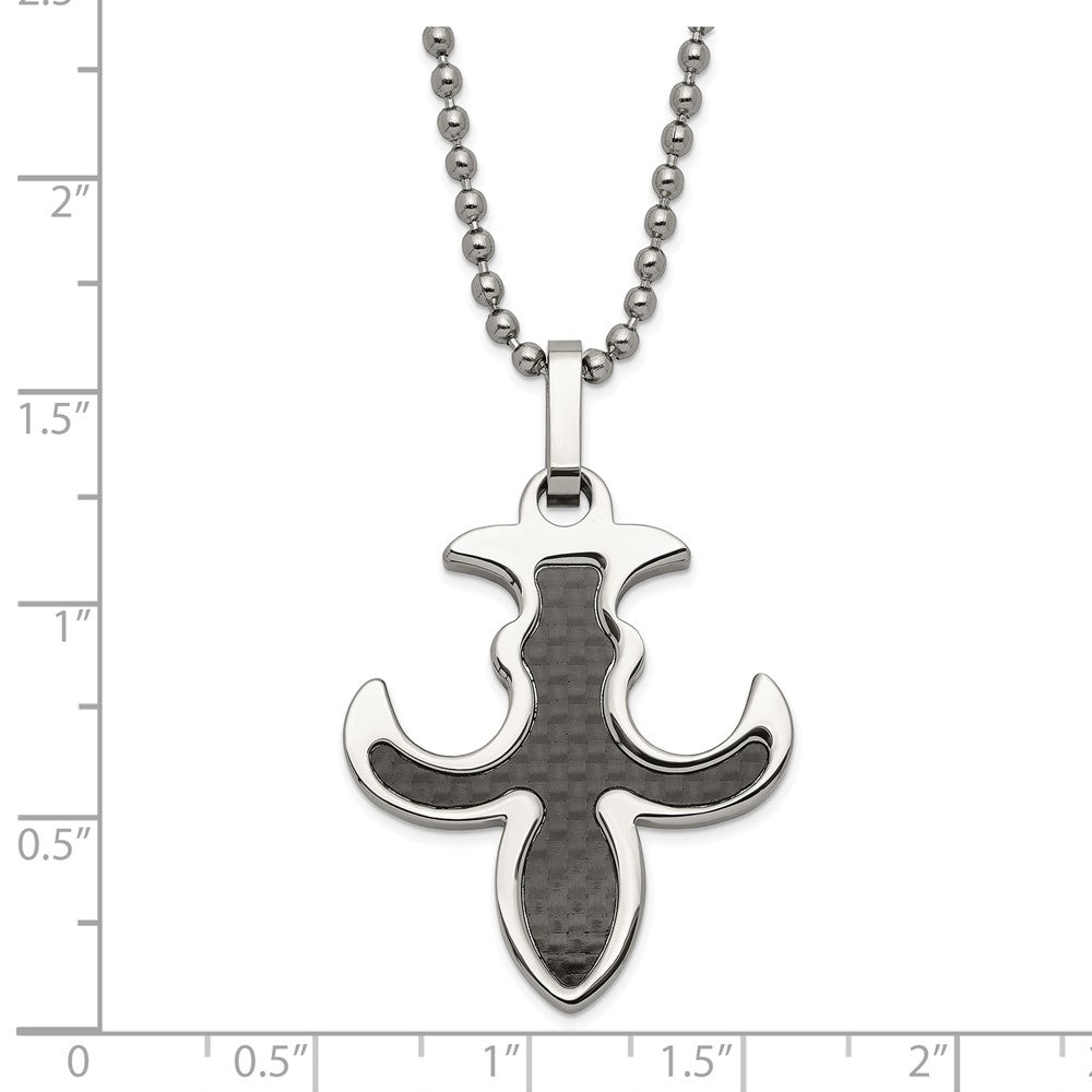 Stainless Steel Polished Black Carbon Fiber Inlay Fleur de Lis Necklace