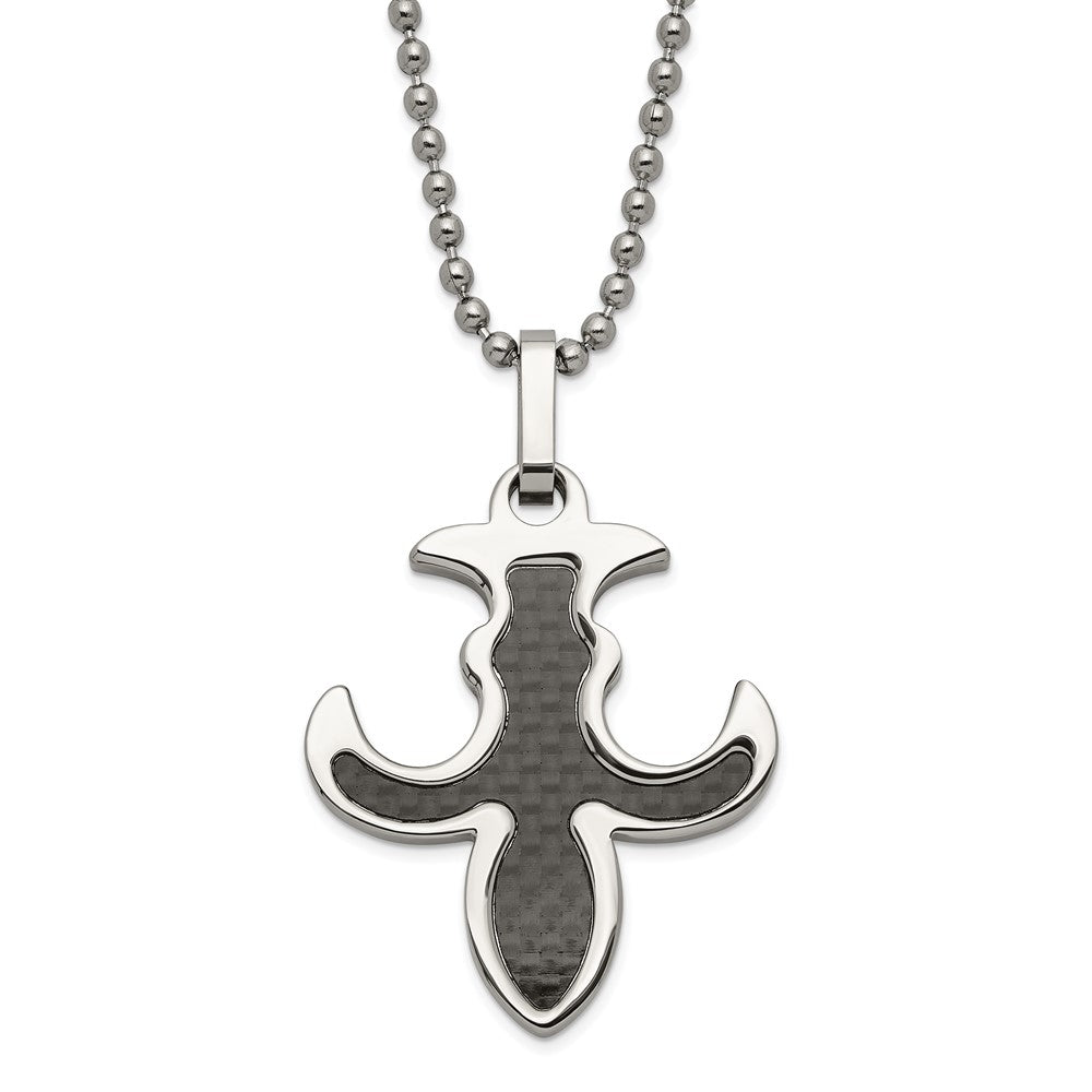 Stainless Steel Polished Black Carbon Fiber Inlay Fleur de Lis Necklace