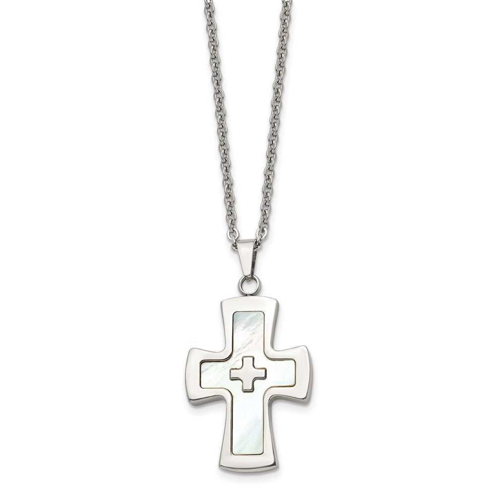 Stainless Steel Polished Mother of Pearl Cross 22in Necklace