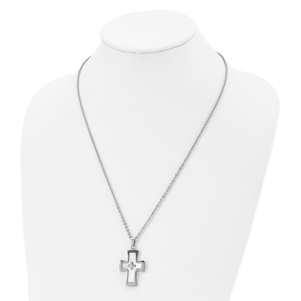 Stainless Steel Polished Mother of Pearl Cross 22in Necklace