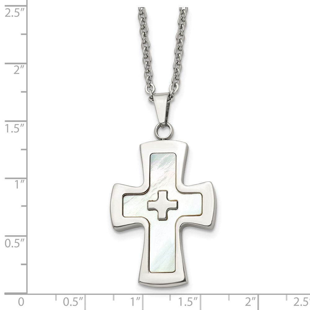 Stainless Steel Polished Mother of Pearl Cross 22in Necklace