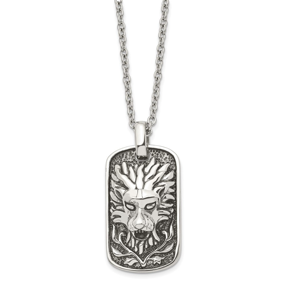 Chisel Stainless Steel Antiqued and Polished Mystical Lion Dog Tag on a 22 inch Cable Chain Necklace